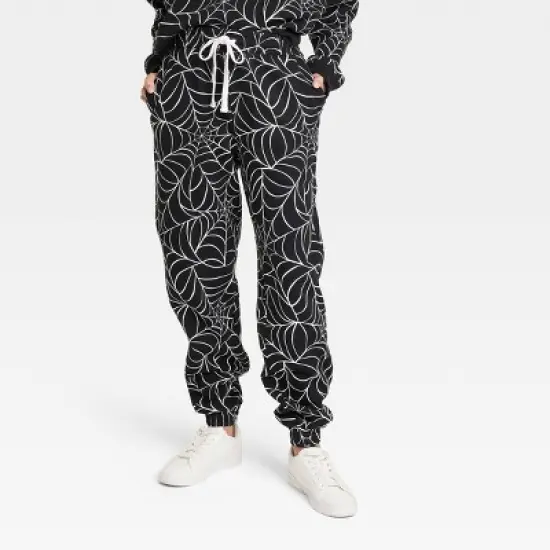 Women's Halloween Spider Web Graphic Jogger Pants - Black image {3}