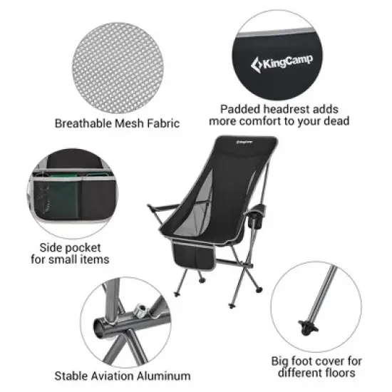 KingCamp Lightweight Padded Highback Folding Lounge Chair with Cupholder, Side Storage Pocket, and Carry Bag for Indoor or Outdoors, Black/Grey image {2}