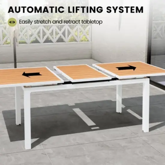 Crestlive Products Outdoor Dining Table, 63"-83" Patio Extendable Dining Table with Wooden-Like Top and White Aluminum Frame image {7}