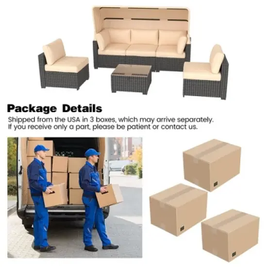 Garvee 6-Piece Outdoor Patio Furniture Set with Modern Rattan Wicker, Rattan Daybed with Retractable Canopy for Garden, Deck, and Backyard image {6}