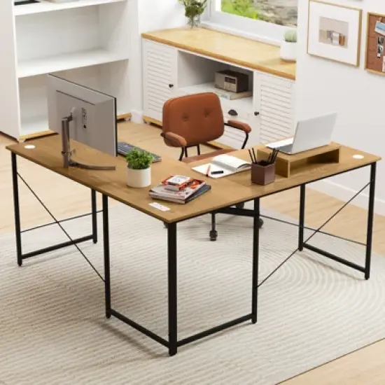 Tangkula L-Shaped Computer Desk with Power Outlets 95&rdquo; Long 2-Person Desk with Monitor Shelf Modern Corner Desk Gaming Table with USB Ports Natural image {2}