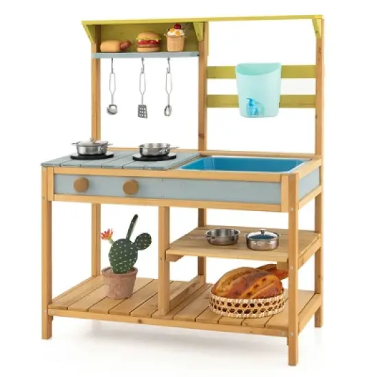 Costway Wooden Play Kitchen Set, Outdoor Kid's Mud Kitchen with Faucet & Water Box image {9}