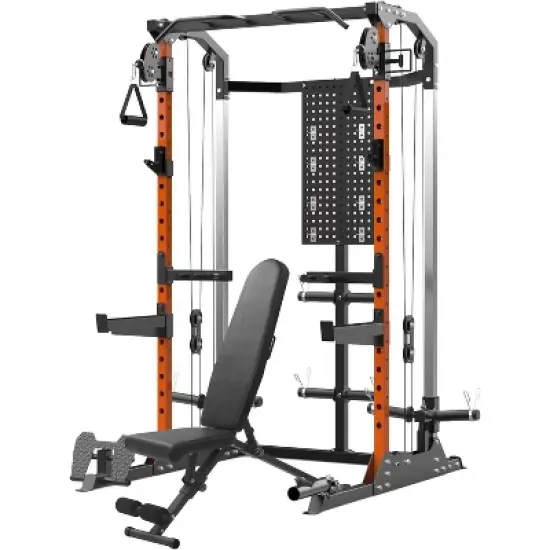 Power Cage, Multi Function 2000LB Squat Rack with Dual Pulley Cable Crossover System, Free Weight Home Equipment with Bench and Attachment Orange image {8}
