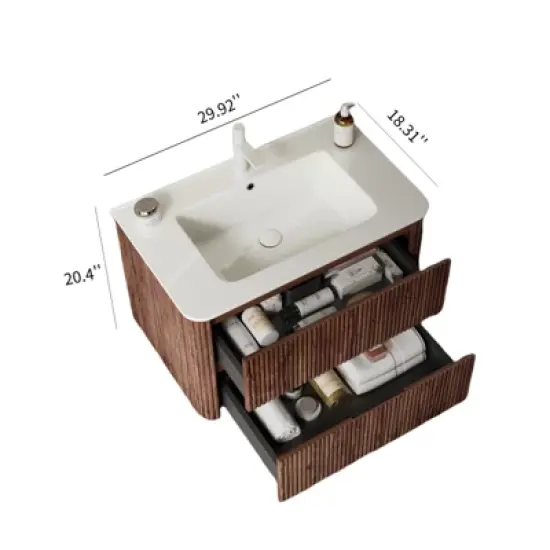 Floating Bathroom Vanity With Sink, Wall Mounted Bathroom Storage Vanity Cabinet With 2 Large Fluted Drawers, Soft-Close System, Pre-Assembled image {1}
