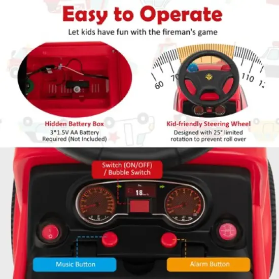 Costway Kids Ride On Fire Truck Foot-to-Floor Sliding Push Car w/ Music & Bubble Maker image {6}