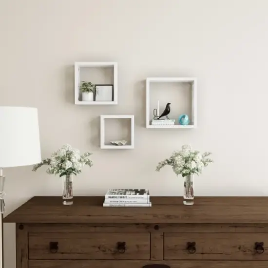 Floating Shelves- Open Cube Wall Shelf Set with Hidden Brackets, 3 Sizes to Display D&eacute;cor, Photos, More- Hardware Included by Lavish Home (White) image {6}