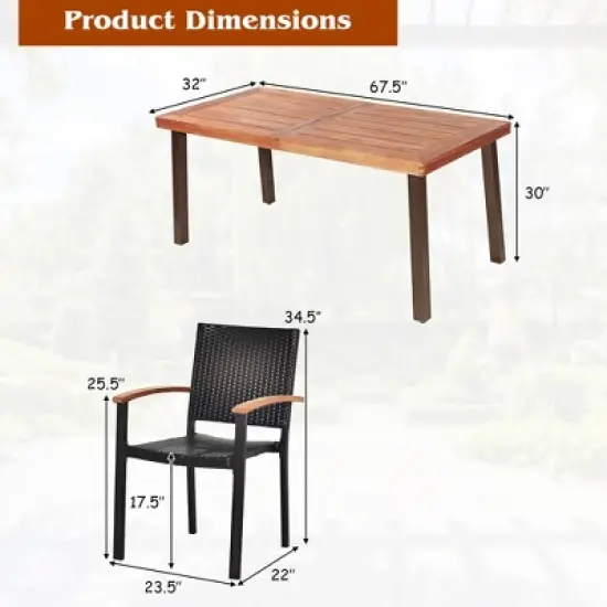 Costway 7PCS Patio Rattan Dining Set Acacia Wood Table Top Stackable Chairs image {4}