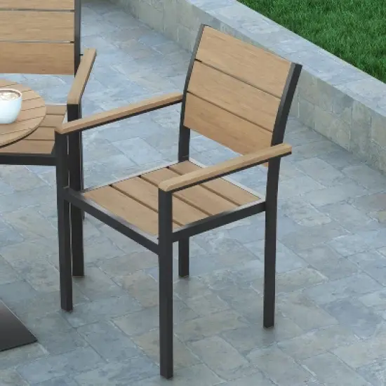 Emma and Oliver Outdoor Stacking Side Chair with Faux Teak Poly Slat Seat, Back and Arms and Metal Frame image {3}