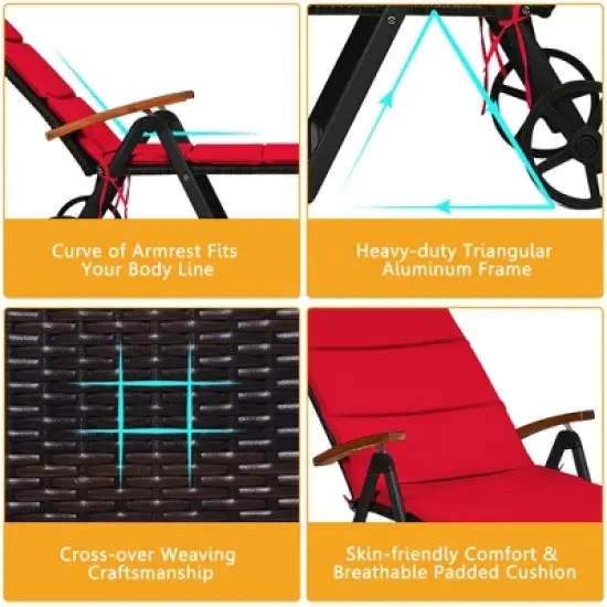 Costway Folding Patio Rattan Lounge Chair Cushioned Aluminum w/ Wheel image {5}
