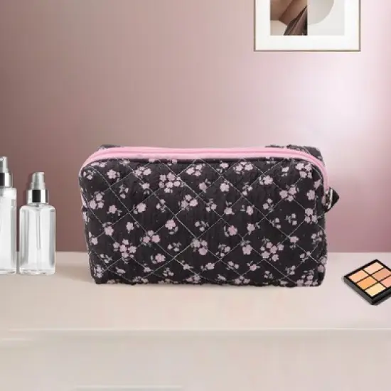 Unique Bargains Pink Flowers Makeup Bag Black 1 Pc image {4}
