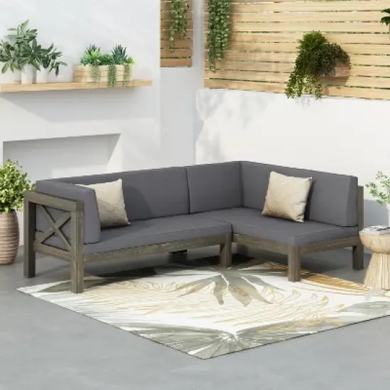 Christopher Knight Home Lyra Outdoor Acacia Wood 4 Seater 88.5" Sectional Sofa with Cushions image {9}