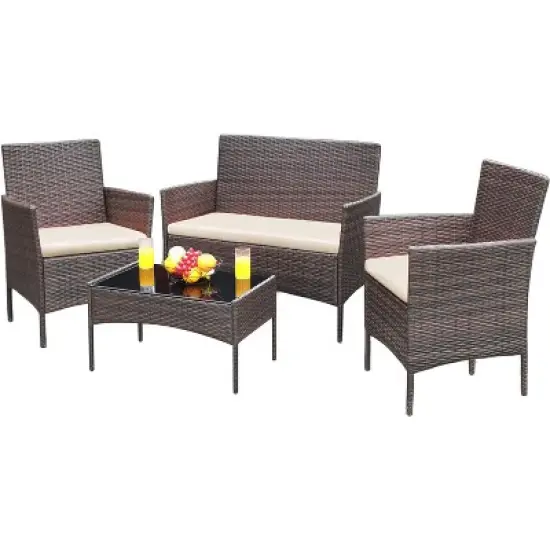 Garvee Patio Furniture Set 4 Pieces Outdoor Rattan Chair Wicker Sofa Garden Conversation Bistro Sets for Yard,Pool or Backyard image {3}