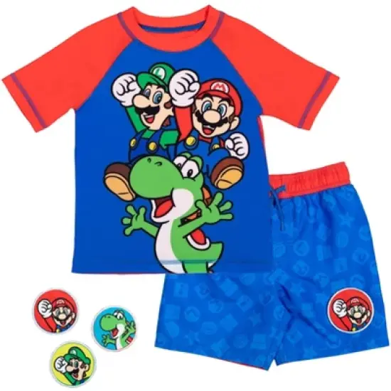 SUPER MARIO Nintendo Yoshi Luigi Mario Pullover Rash Guard and Swim Trunks with Removable Patches Outfit Set Little Kid to Big Kid image {8}