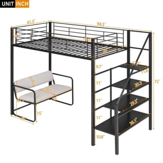 Twin Size Metal Loft Bed with Bench and Storage Staircase, Black-ModernLuxe image {3}