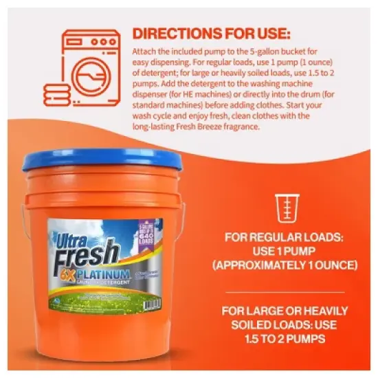Ultra Fresh 5 Gal Liquid Laundry Detergent Washing Soap, 6X Platinum image {4}