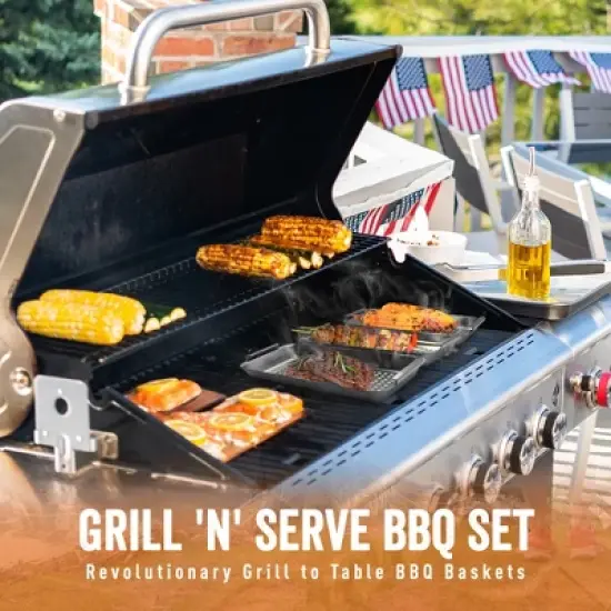 Yukon Glory BBQ 'N Serve Grill Basket Set, Revolutionary Grill to Table Design, Includes 3 Grilling Baskets, Serving Tray and Patented Clip-on Handle image {4}