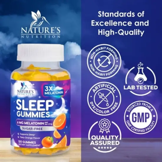 Melatonin Sleep Gummies Sugar Free, 6 mg Natural Melatonin Sleep Adults, Extra Strength Sleep Gummy Supplements - 120 Gummies By Nature's Nutrition image {3}