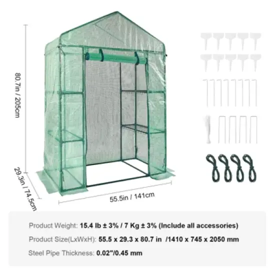 VEVOR Walk-in Green House, 4.6 x 2.4 x 6.7 ft, Greenhouse with Shelves, High Strength PE Cover with Doors, Windows and Steel Frame,Set Up in Minutes image {7}