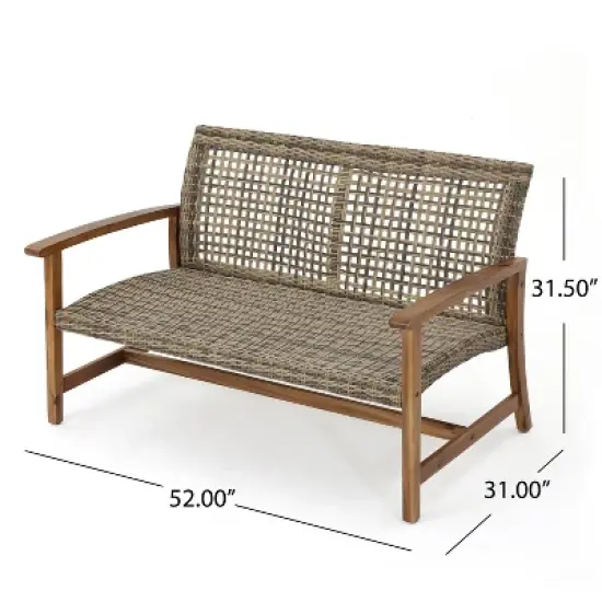 GDFStudio Jean Outdoor Acacia Wood and Wicker Loveseat image {2}