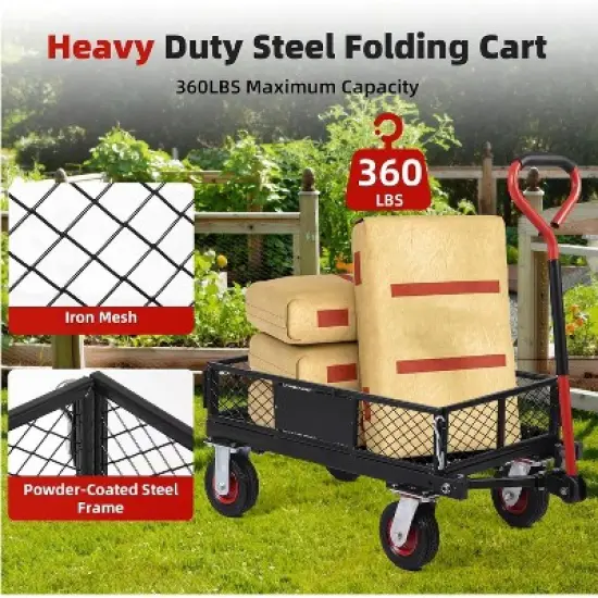 Acekool Foldable Steel Garden Cart, 360lbs Capacity, Removable Mesh Sides, 6" All-Terrain Wheels, 180&deg; Rotating Handle, Yard Utility Wagon image {1}