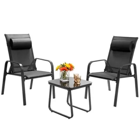 Costway 3PCS Patio Bistro Furniture Set Adjustable Back Stackable Chairs Brown\Black image {2}
