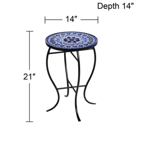 Teal Island Designs Modern Black Round Outdoor Accent Side Table 14" Wide Light Blue Mosaic Tabletop Front Porch Patio Home House Balcony image {6}
