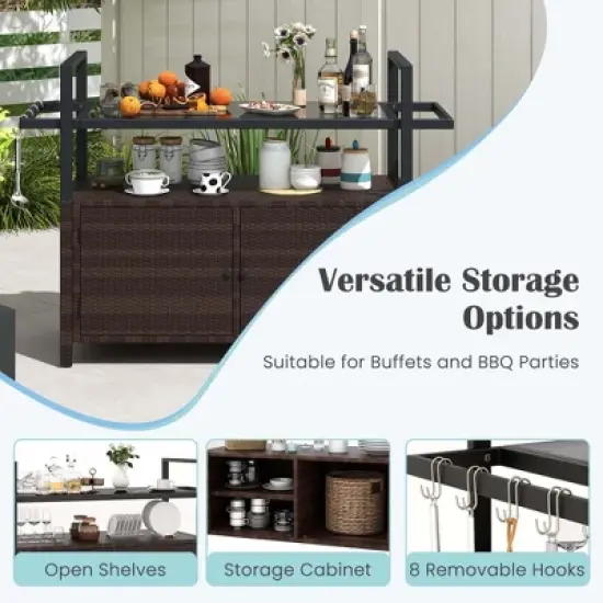 Costway Outdoor Bar Cart with Tempered Glass Top Storage Cabinet & 8 Hooks for Porch Brown/Gray image {8}