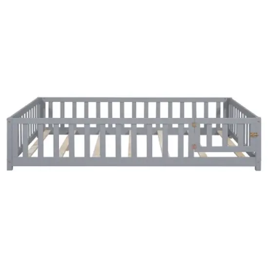 Toddler Floor Bed,Full Size Floor Bed with Safety Fence Guardrails and Slats, Wooden Floor Bed Frame with Door, No Box Spring Needed image {2}