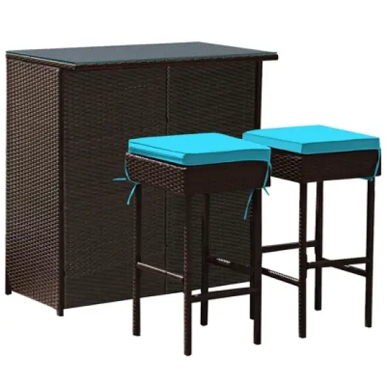 Costway 3PCS Patio Rattan Wicker Bar Table Stools Dining Set Cushioned Chairs Turquoise image {8}