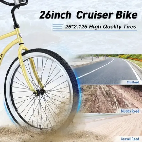 Gulches 26-Inch Single Speed Bicycles - Yellow Beach Cruiser with Wide Wheels for Stability image {5}