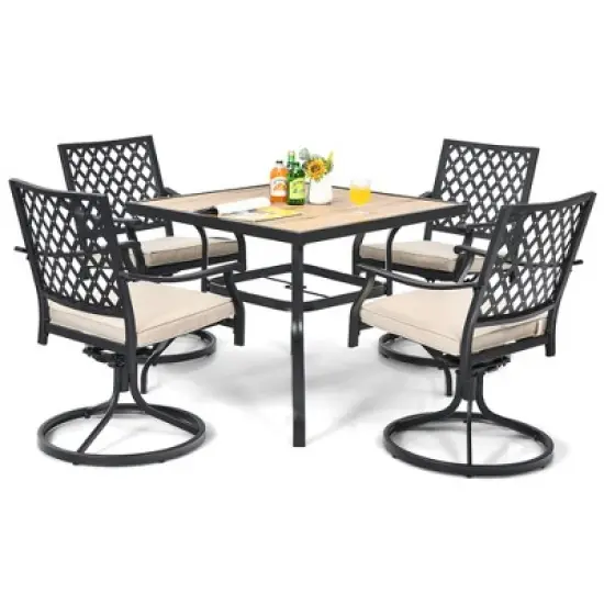 Costway 5PCS Patio Dining Set Square Table 4 Swivel Chair Rocker Cushioned Deck image {7}