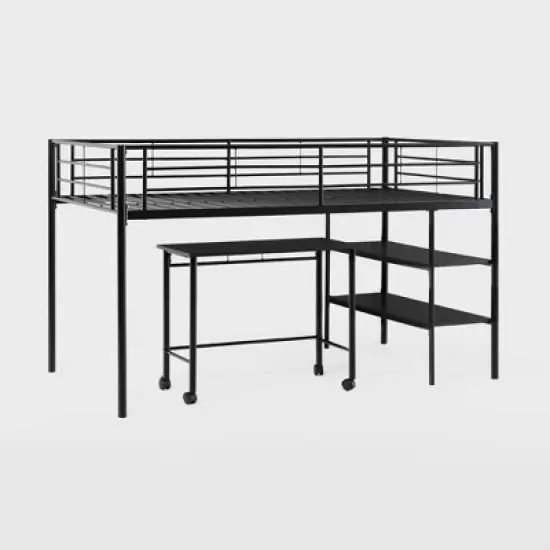 Twin Analise Metal Low Loft Bed with Desk and Storage Black - Saracina Home image {7}