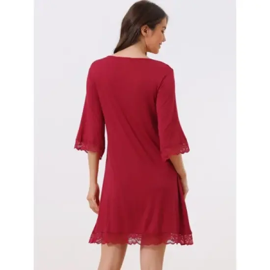 cheibear Women's Lace Modal Soft Half Sleeves One Piece Nightgown image {2}