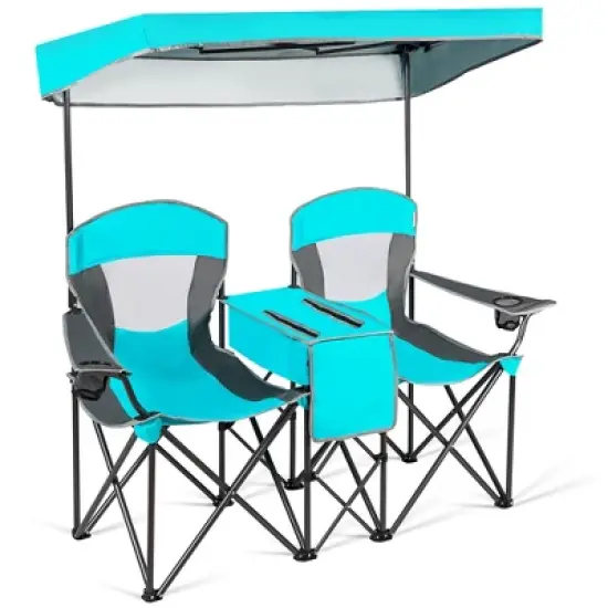 Costway Portable Folding Camping Canopy Chairs w/ Cup Holder Cooler Outdoor Turquoise image {1}