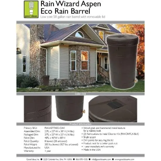 Good Ideas Aspen ECO 50 Gallon Capacity Rain Barrel Water Storage Collector Saver with Brass Spigot and Removable Lid, Oak Brown image {2}