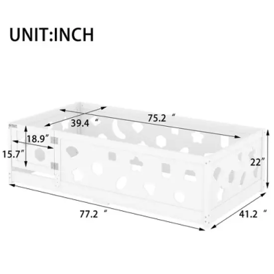 Okak Twin/Full Size Floor Bed Frame,White Solid Wood Toddler Bed with Safety Rails, Low Profile Design for Kids Bedroom & Nursery image {2}