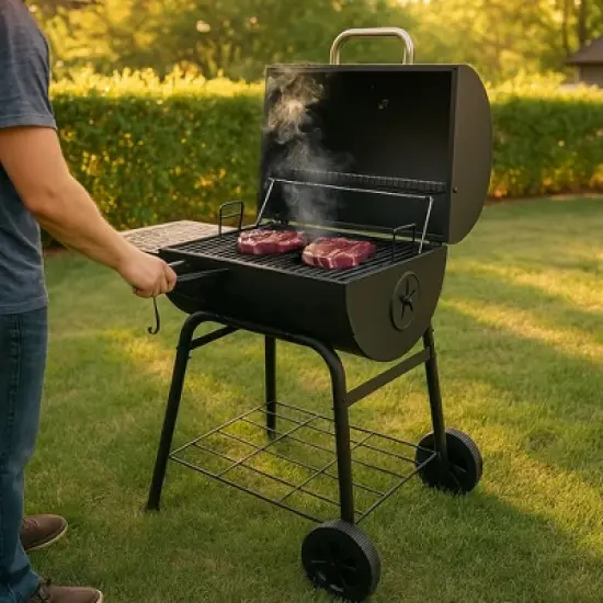 Grill Boss 30 Inch Barrel Charcoal Grill with Adjustable Grate, Large Cooking Area, Built In Temperature Gauge, and Durable Cast Iron Grates, Black image {3}