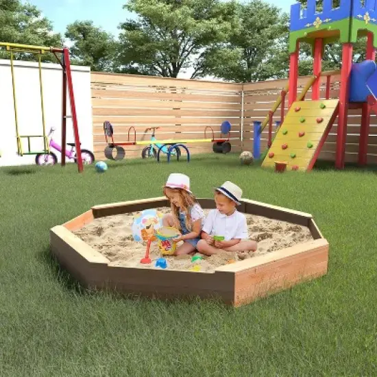 Large Octagonal Wooden Sandbox &ndash; Kids Outdoor Sandpit with Cover, 4 Benches & Drainage Liner for Backyard, Ages 4+ image {8}