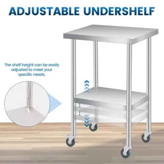 Stainless Steel Table with Wheels - Metal Work Table with Adjustable Undershelf, 2 Tiers Utility Tables Food Prep Worktable Rolling Cart image {3}