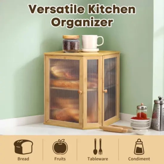 Unique Bargains Bamboo Acrylic Wavy Double Door Panel Large Corner Bread Container Natural Wood image {5}