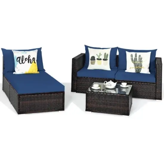 Tangkula 5PCS Cushioned Rattan Patio Conversation Set w/ Ottoman Navy Cushion image {5}