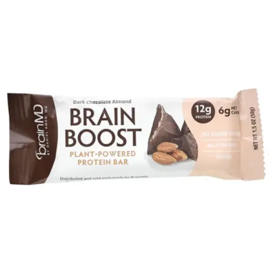 BrainMD Brain Boost, Plant-Powered Protein Bar, Dark Chocolate Almond, 10 Bars, 1.5 oz (50 g) Each image {2}