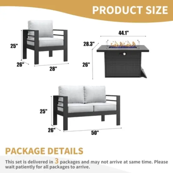 LayinSun Aluminum Furniture Set with Fire Pit Table, 4 Pieces Patio Sectional Conversation Chat Sofa Modern Seating Set image {6}