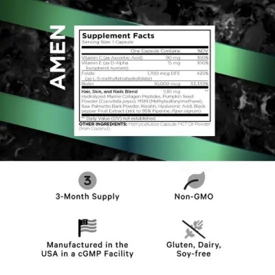 Amen Biotin Collagen Peptides, Vitamins C & E, Folate, Keratin, Hyaluronic Acid, Hair & Skin, 90 ct image {2}