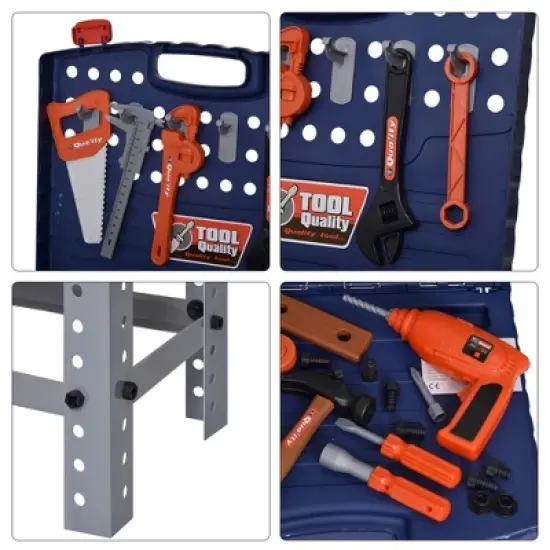 Qaba 68 Pcs Kids Tool Bench, Foldable Pretend Workbench Toy Tool Set, Power Tools Workshop with Electric Drill for Toddler 3 to 6 Years Old image {4}
