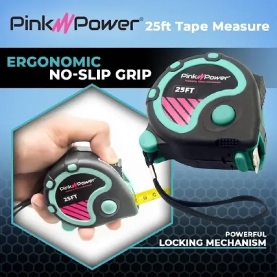 Pink Power 25 Ft Tape Measure with Fractions - Blue Heavy-Duty Small Measuring Tape Retractable with Easy-Read Markings, Self Centering Return image {3}