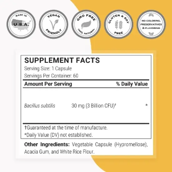 SuperSmart Bacillus Subtilis 3 Billion CFU per Day (High Potency) - Spore Probiotic Supplement | Non-GMO & Gluten Free - 60 DR Capsules image {3}