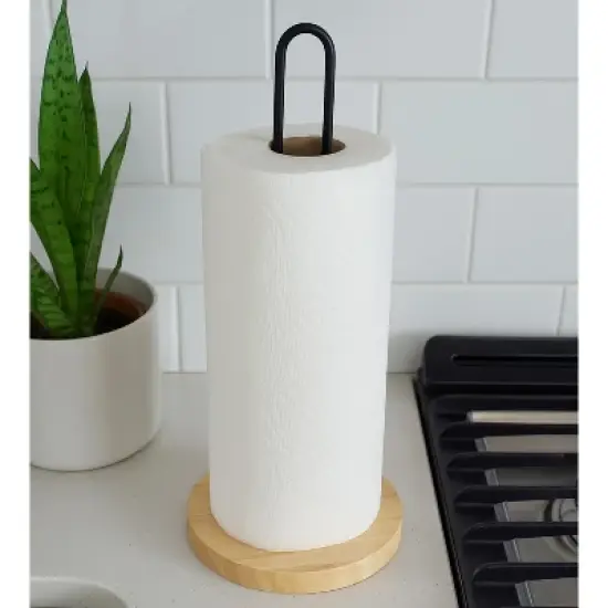 Home Mart Goods Matte Black Iron & Bamboo Paper Towel Holder - 13" Tall image {3}