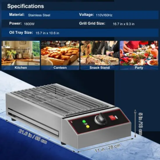 Electric Indoor Grill, 1800W Commercial Portable BBQ Grill Smokeless Countertop Grill with Removable Griddle, Stainless Steel, for Restaurant Home image {6}