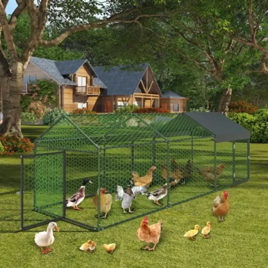Chicken Coop Walk in Run - Galvanized Large Poultry Cage with Water-Resistant Cover, Outdoor Hen House for Backyard Farm image {6}